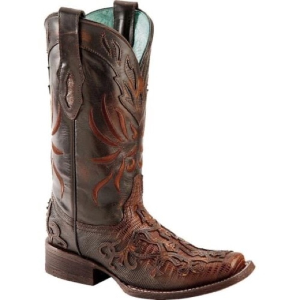 Corral Boots Cognac‎ Teju Lizard Cross Overlay Square Toe Cowgirl C2680 size 8.5